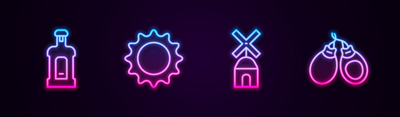 Set line Orujo, Sun, Windmill and Castanets. Glowing neon icon. Vector.