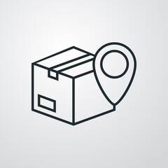Logotipo seguimiento del envío. Icono caja de cartón con puntero de posición con lineas en fondo gris