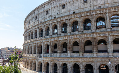 Roman colosseum up close. An ancient arched structure.