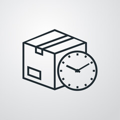 Logotipo entega rápida. Icono caja de cartón con reloj simple con lineas en fondo gris