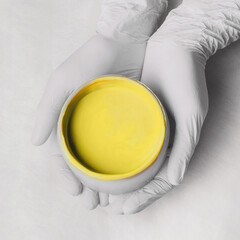 Hands in gloves hold a jar of yellow cream.