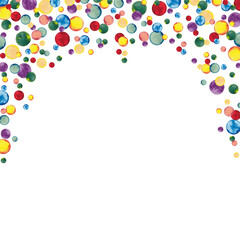 Quadratic frame of rainbow vintage confetti in upper pattern.Christmas, Birthday, Winner party decor, wedding invitation, card backdrop. Watercolor hand drawn isolated elements on white background.