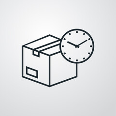 Logotipo entega rápida. Icono caja de cartón con reloj simple con lineas en fondo gris