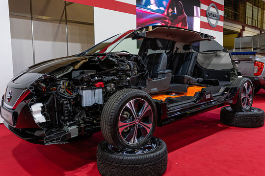Riga, Latvia - April 12, 2019: Model of new car in cross section. Demonstration of new technologies.