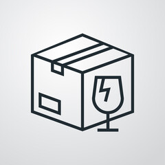 Manejar con cuidado. Logotipo envio frágil. Icono caja de cartón con copa de cristal rota con lineas en fondo gris