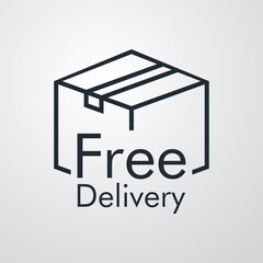 Logotipo envío gratis. Icono caja de cartón con texto Delivery Free con lineas en fondo gris