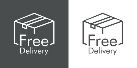 Logotipo envío gratis. Icono caja de cartón con texto Delivery Free con lineas en fondo gris y fondo blanco © teracreonte