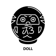 doll icon, black vector sign with editable strokes, concept illustration