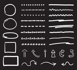 Hand drawn geometric shapes. Circle, oval, rectangle. White outline elements on isolated black background. Freehand art. Abstract underlines and arrows. Black and white illustration