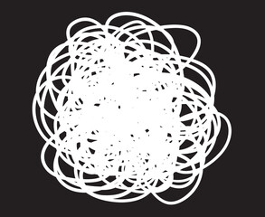 Hand drawn white symbol on isolated black background. Chaotic tangled shape. Tangle doodle. Black and white illustration
