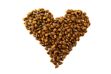 Dog food. Pet food in the form of a heart on a white background. Dog food isolate