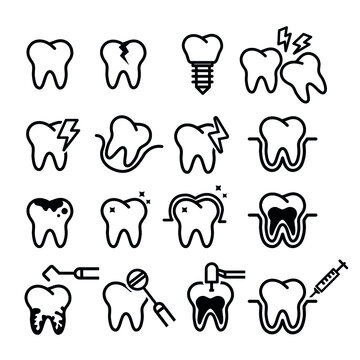 Vector image. Collection of grinding wheels icons. Image of cavities, molar implant and toothache.