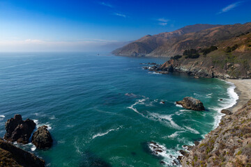 Scenic view of the coastline at the Big Sur, in central California, USA; Concept for travel and road trip in California