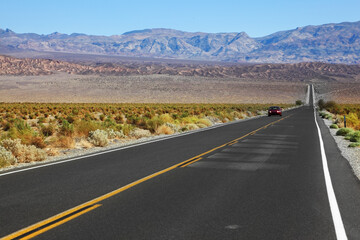 The red car traveling on the road