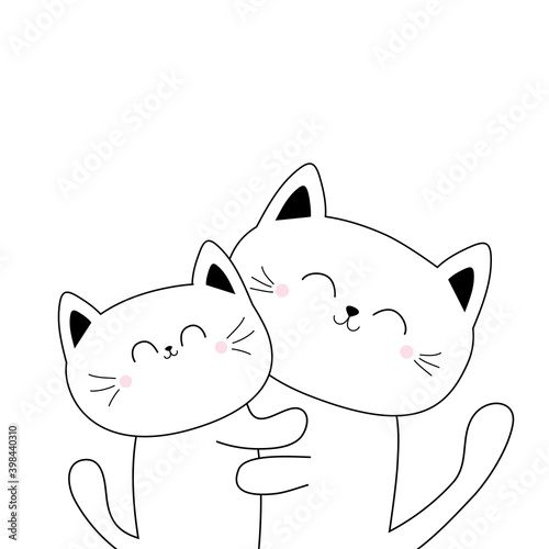 Cat Hugging Couple Family Hug Embrace Cuddle White Contour Silhouette Cute Kawaii Funny Cartoon Character Happy Valentines Day Greeting Card Kitty Kitten Baby Pet Background Flat Design Wall Mural Worldofvector