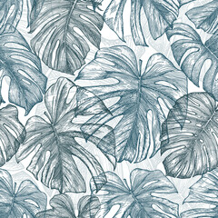 Seamless tropical pattern with exotic leaves and plants jungle. Hand drawn outlines on a white background. Drawn with pen and ink. Botanical design.