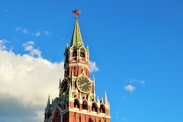 Moscow Kremlin Spasskaya Tower on a background of blue sky