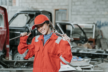 portrait of a young woman Technician hold a car equipments in a garage