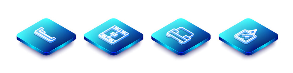 Set Isometric line Bed, Wardrobe, Armchair and Mirror icon. Vector.