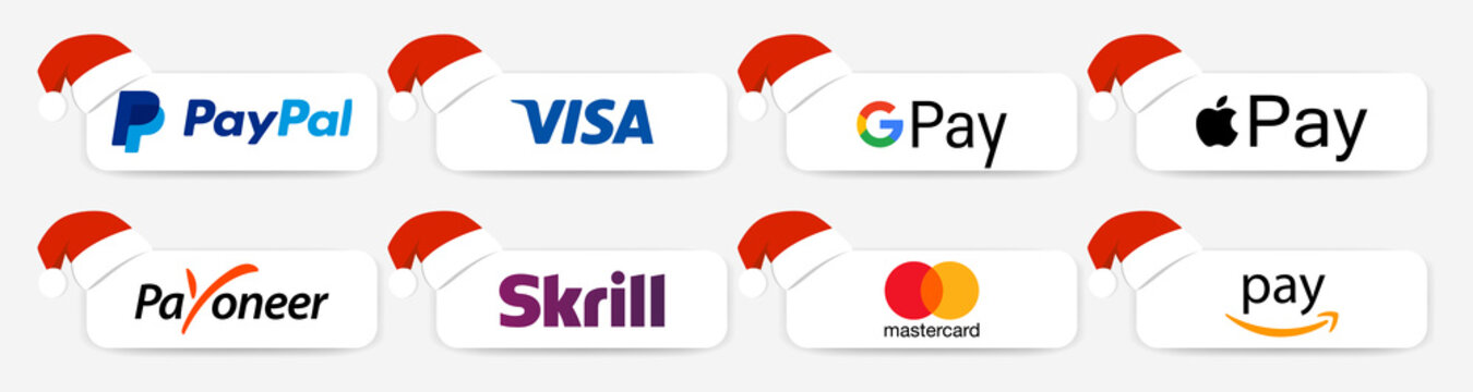 PayPal, Google pay, Apple pay, Payoneer, Skrill, Amazon pay, Visa and Mastercard. Christmas buttons. Santa hat on payment service. Editorial vector icon. Rivne, Ukraine - December 9, 2020.