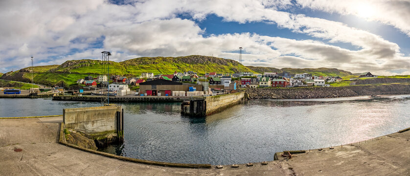 Wide panorama of Skopun city in Sandoy Island