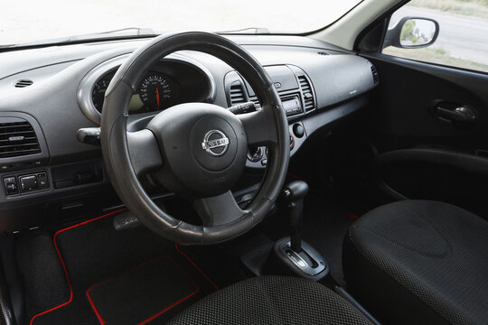 Dnipro, Ukraine - august 10, 2016: Nissan Micra orange color, interior