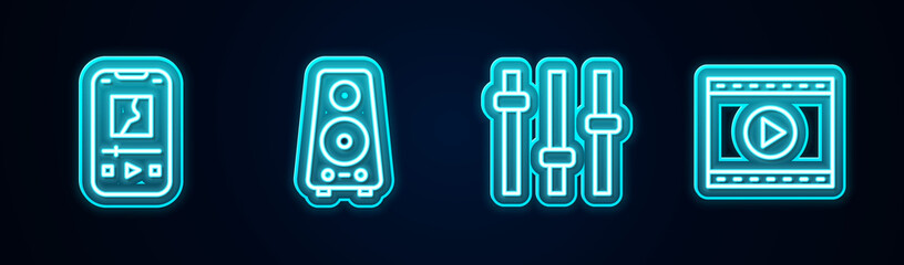 Set line Music player, Stereo speaker, equalizer and Online video. Glowing neon icon. Vector.