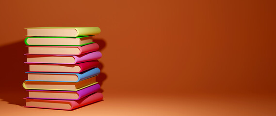 Education and graduation concept. 3D Rendering of colorful books on orange background. There is a blank space for text for take course, educate or learn.