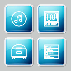 Set line Music note, tone, Oscilloscope, Stereo speaker and playlist icon. Vector.
