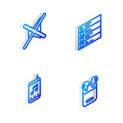Set Isometric line Music playlist, Speaker mute, player and Air headphones in box icon. Vector.