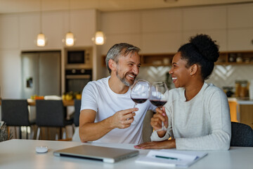 Enjoying together, looking happy.
