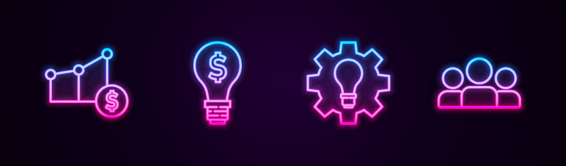 Set line Pie chart and dollar, Light bulb with, gear and Users group. Glowing neon icon. Vector.