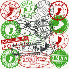Oman Set of Stamps. Travel Passport Stamp. Made In Product. Design Seals Old Style Insignia. Icon Clip Art Vector.