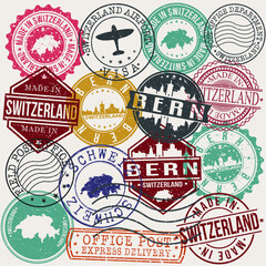 Bern Switzerland Set of Stamps. Travel Stamp. Made In Product. Design Seals Old Style Insignia.
