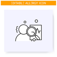 Allergy diagnostics line icon.Allergy symptoms treatment.Medical aid and health care.Peels, drops. Immunity, immune intolerance and immunotherapy concept.Isolated vector illustration. Editable stroke 