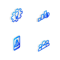 Set Isometric line Pie chart and dollar, Light bulb gear, Startup project concept and Users group icon. Vector.