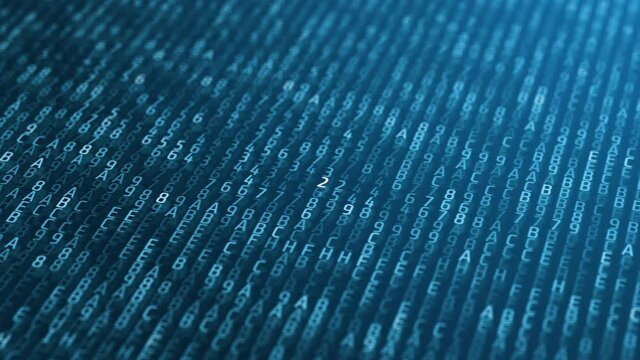 Blue matrix background with motion white digits and letter