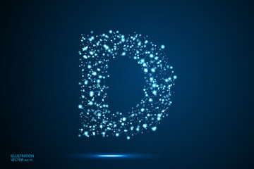 English letters abstract font consists 3d of triangles, lines, dots and connections. On a dark blue background cosmic universe stars, meteorites, galaxies. Vector illustration EPS 10.