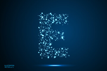 English letters abstract font consists 3d of triangles, lines, dots and connections. On a dark blue background cosmic universe stars, meteorites, galaxies. Vector illustration EPS 10.