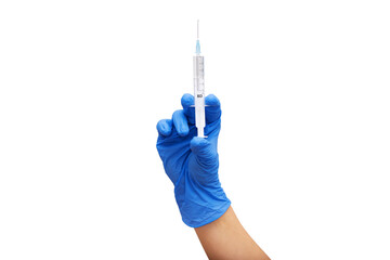 Female hand in protective medical blue glove holding syringe on white background. Covid-19 and flu...