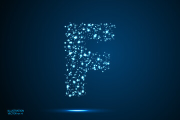 English letters abstract font consists 3d of triangles, lines, dots and connections. On a dark blue background cosmic universe stars, meteorites, galaxies. Vector illustration EPS 10.
