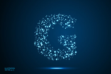 English letters abstract font consists 3d of triangles, lines, dots and connections. On a dark blue background cosmic universe stars, meteorites, galaxies. Vector illustration EPS 10.