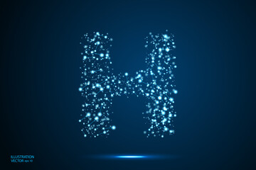 English letters abstract font consists 3d of triangles, lines, dots and connections. On a dark blue background cosmic universe stars, meteorites, galaxies. Vector illustration EPS 10.