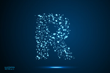 English letters abstract font consists 3d of triangles, lines, dots and connections. On a dark blue background cosmic universe stars, meteorites, galaxies. Vector illustration EPS 10.