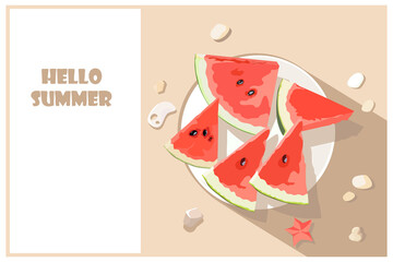 Hello summer. Banner, poster in the form of a plate with slices of watermelon on a sandy background. Vector editable template in flat style.
