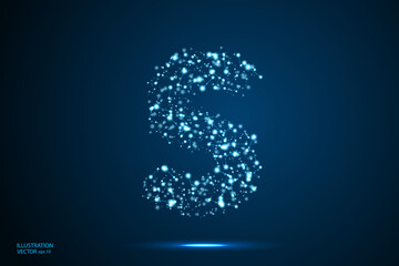 English letters abstract font consists 3d of triangles, lines, dots and connections. On a dark blue background cosmic universe stars, meteorites, galaxies. Vector illustration EPS 10.