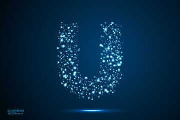 English letters abstract font consists 3d of triangles, lines, dots and connections. On a dark blue background cosmic universe stars, meteorites, galaxies. Vector illustration EPS 10.