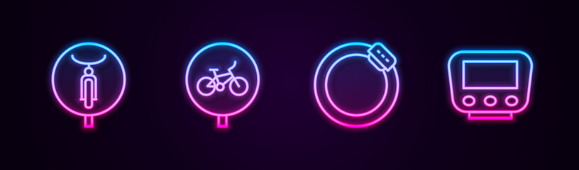 Set line Bicycle, , brake disc and speedometer. Glowing neon icon. Vector.