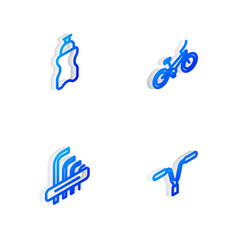 Set Isometric line Bicycle, Sport bottle with water, Tool allen keys and handlebar icon. Vector.