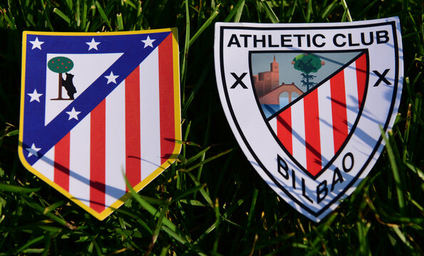 September 6, 2019, Madrid, Spain. Emblems Of Spanish Football Clubs Atletico Madrid And Athletic Bilbao On The Green Grass Of The Lawn.